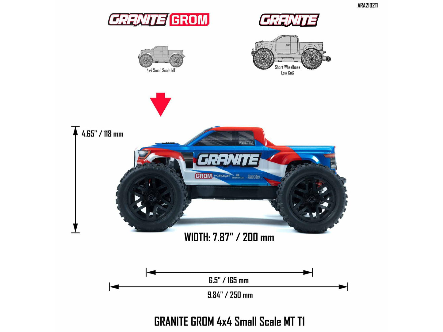 Arrma 1/18 GRANITE GROM MEGA 380 Brushed 4X4 Monster Truck RTR (Blue/Red) C-ARA2102T1