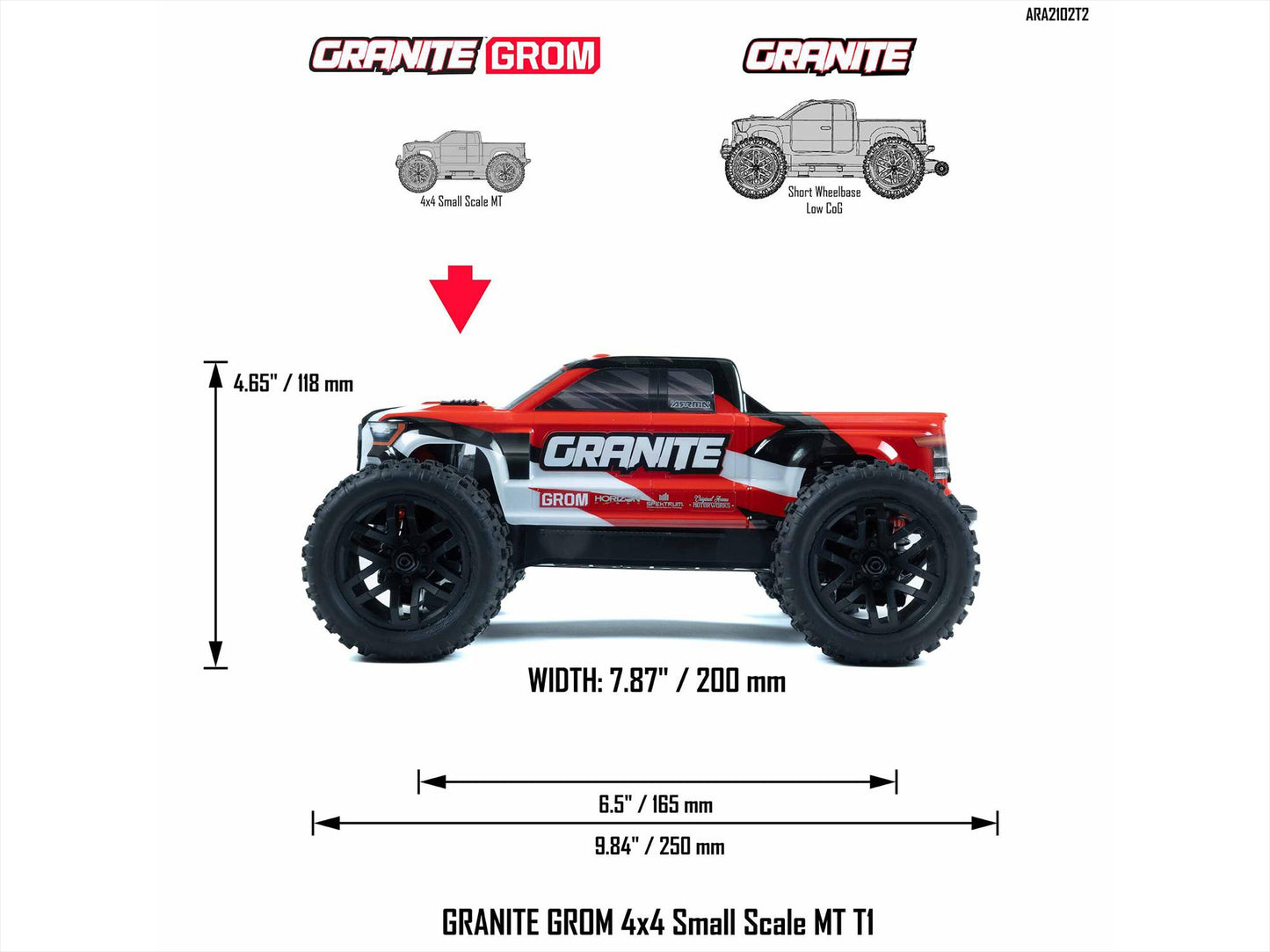 Arrma 1/18 GRANITE GROM MEGA 380 Brushed 4X4 Monster Truck RTR (Red) C-ARA2102T2