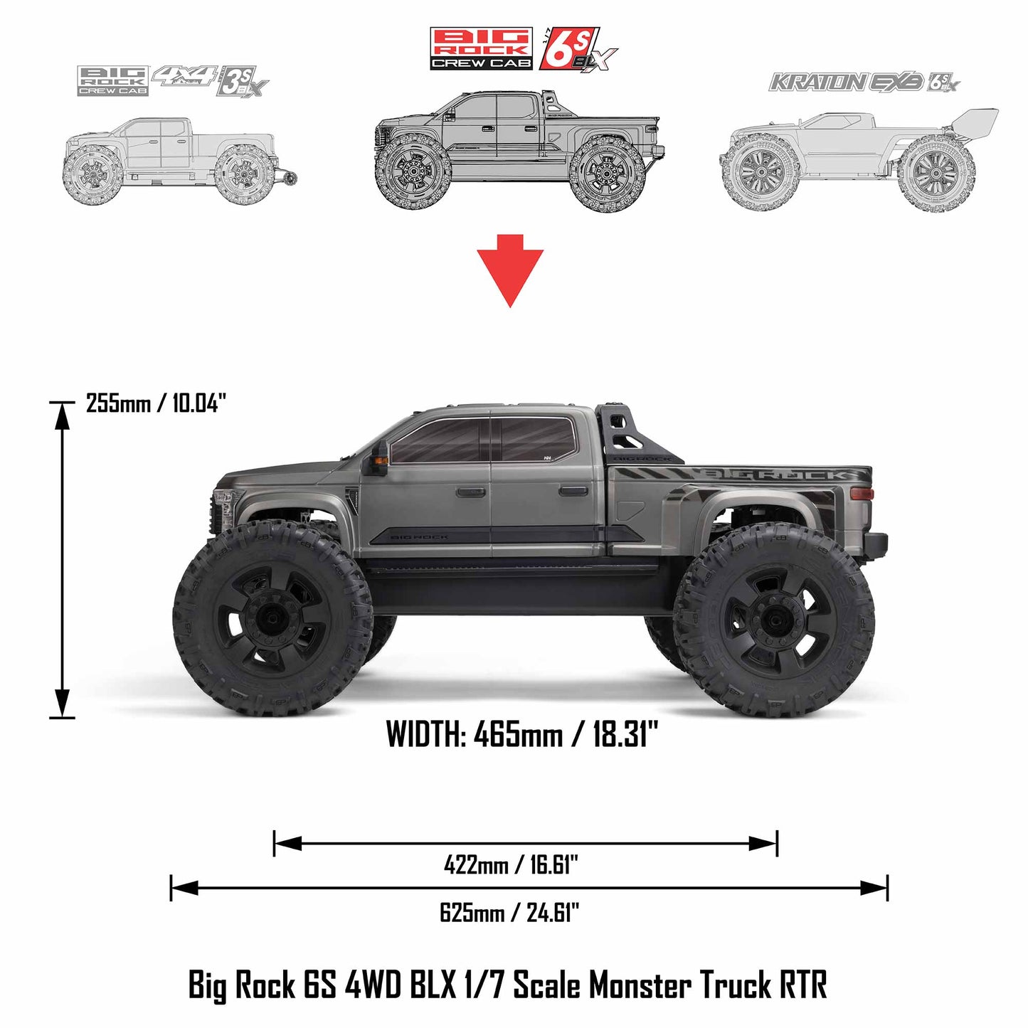 Arrma 1/7 BIG ROCK 6S 4X4 BLX Monster Truck RTR - Gunmetal C-ARA7612T1