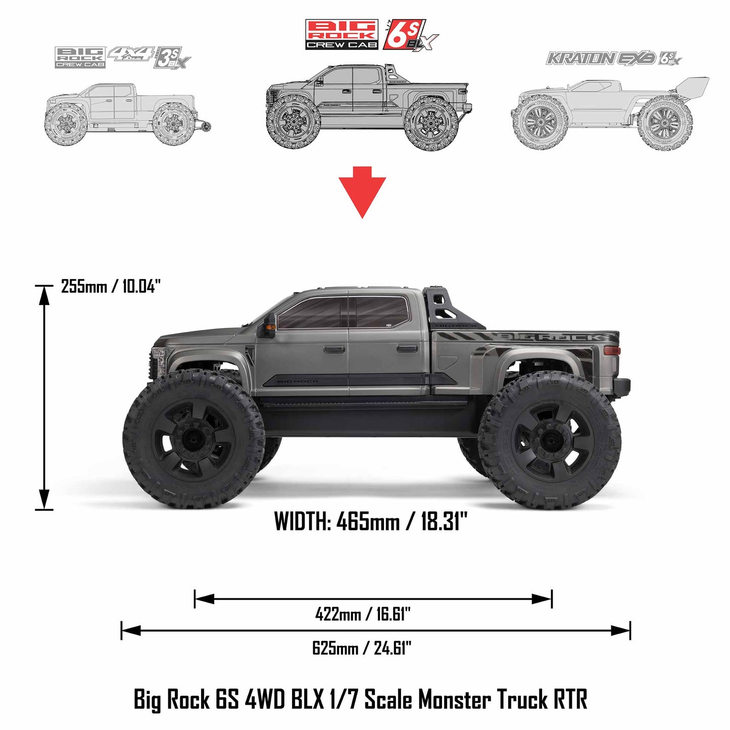 Arrma 1/7 BIG ROCK 6S 4X4 BLX Monster Truck RTR - Gunmetal C-ARA7612T1